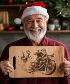 Christmas Santa Claus on Motorcycle, Charcuterie Board Engraving