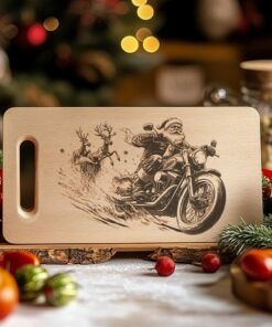 Christmas Santa Claus on Motorcycle, Charcuterie Board Engraving