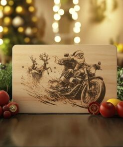 Christmas Santa Claus on Motorcycle, Charcuterie Board Engraving