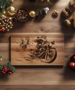 Christmas Santa Claus on Motorcycle, Charcuterie Board Engraving