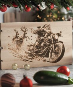 Christmas Santa Claus on Motorcycle, Charcuterie Board Engraving