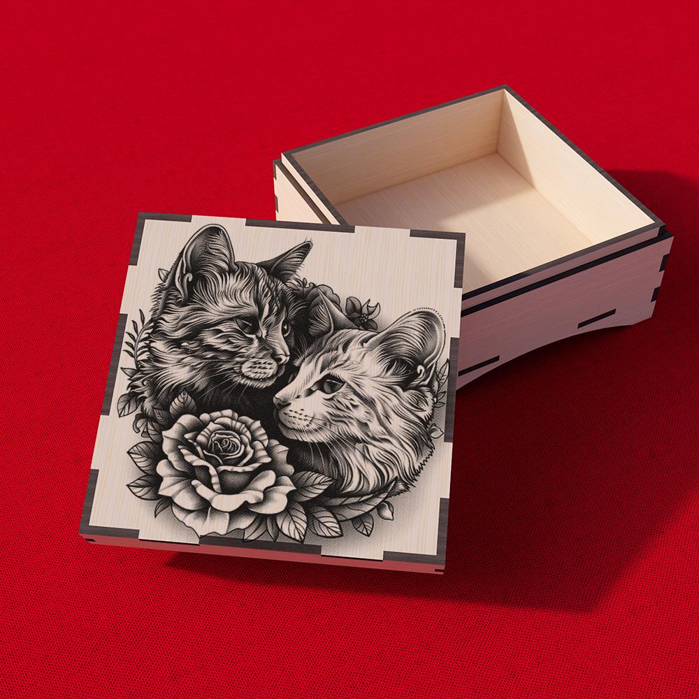 Caja de Regalo de Grabado 3D de Pareja de Gatos- Descarga SVG, DXF, AI