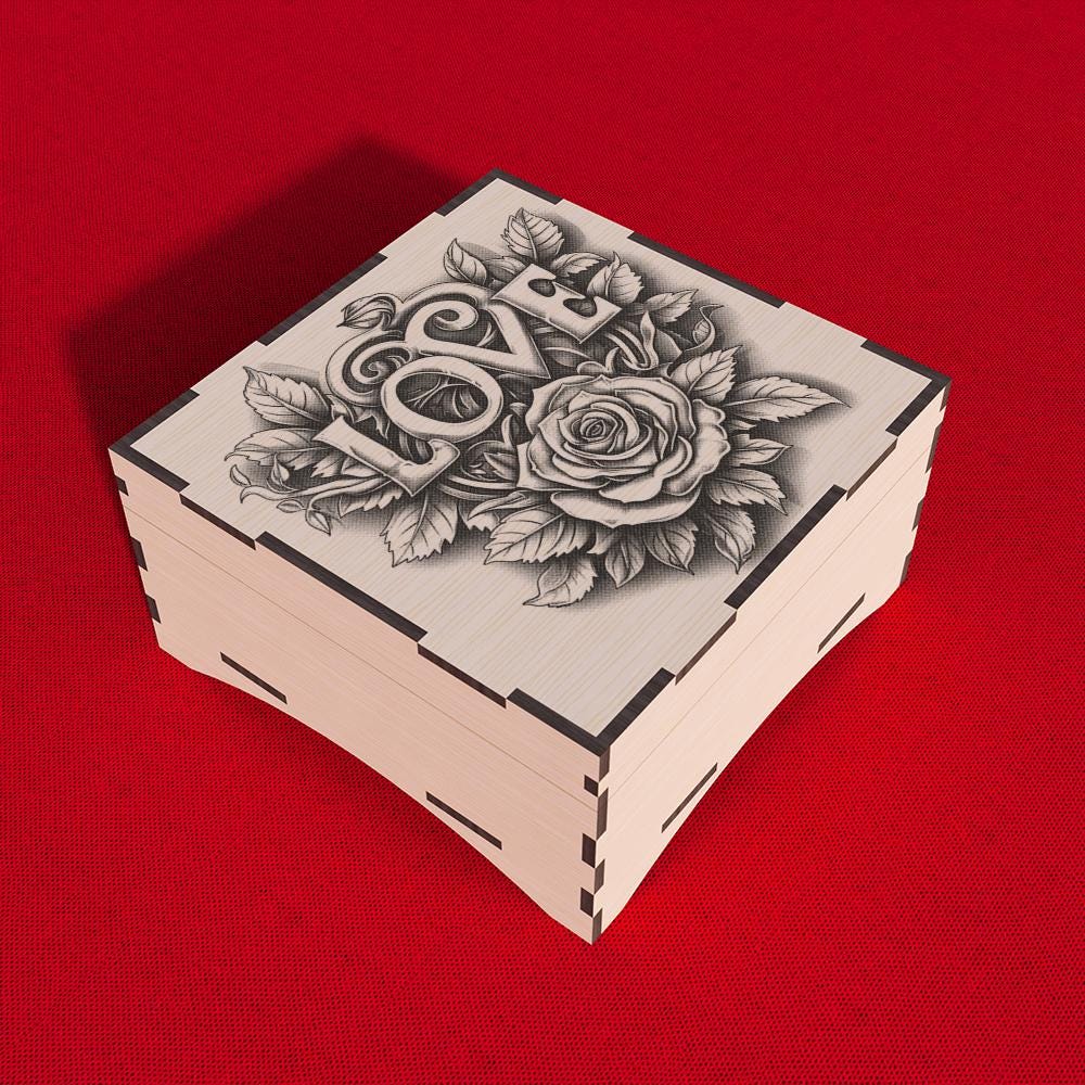 Boîte cadeau 3D Rose avec gravure Amour – Téléchargement SVG, DXF, AI