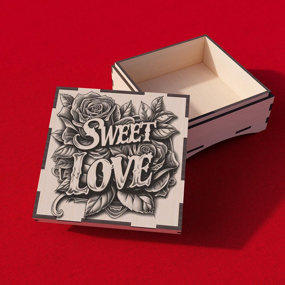 Rose Gift Box with 3D Illusion – ‘Sweet Love’ Text – SVG, DXF, AI