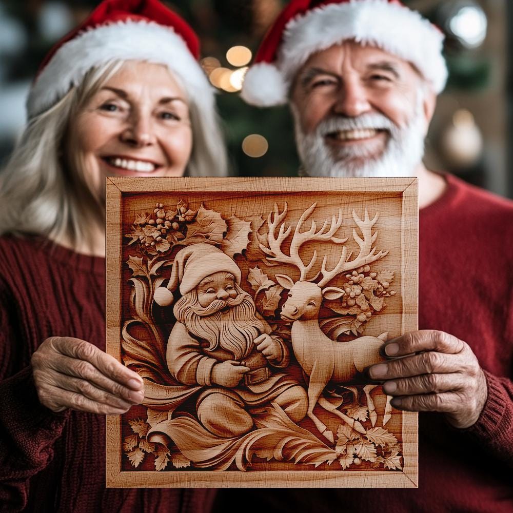 Incisione laser 3D: Babbo Natale e renne | PNG per Glowforge e altro