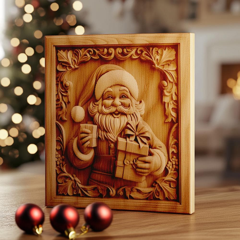 3D Laser Engraving: Smiling Santa with Gift | PNG for Glowforge