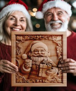 3D-Lasergravur: Lachender Weihnachtsmann mit Geschenk | PNG für