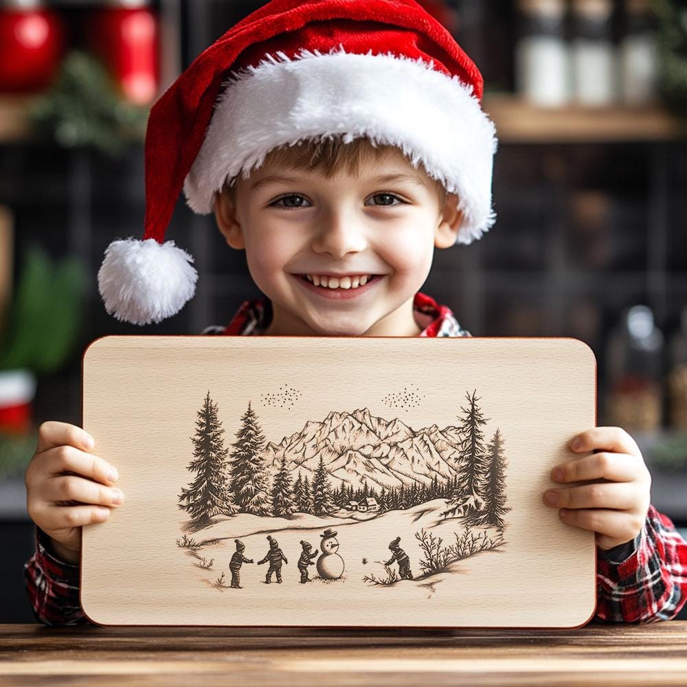 Children Building Snowman Charcuterie Board Engraving | Christmas Decor