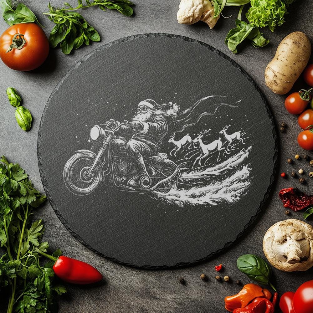 Plateau à fromage en ardoise gravé au laser – Père Noël en moto | Décoration de Noël