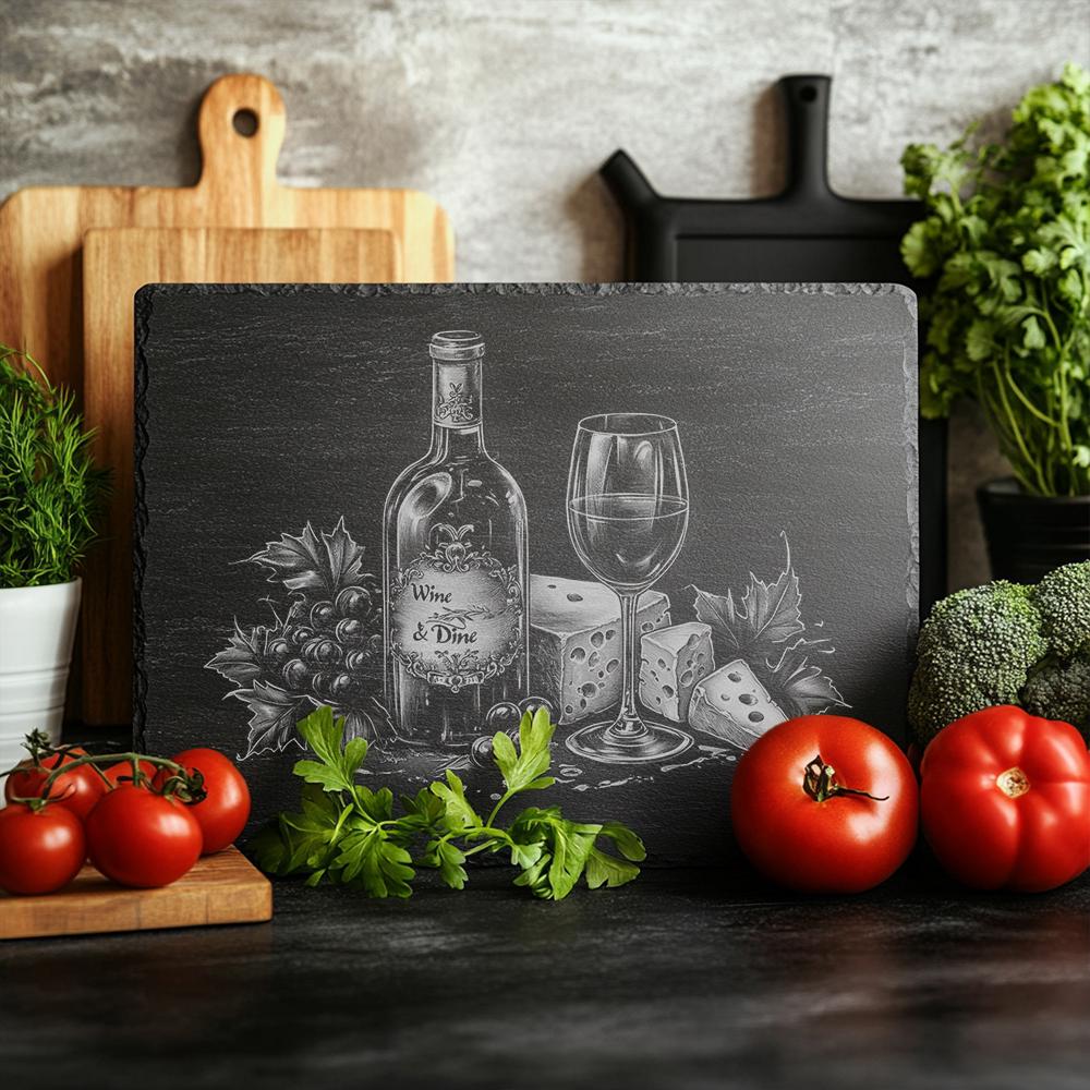 Lasergravierte Schiefer-Käsebrett – Wein & Käse-Design | Küchendekor