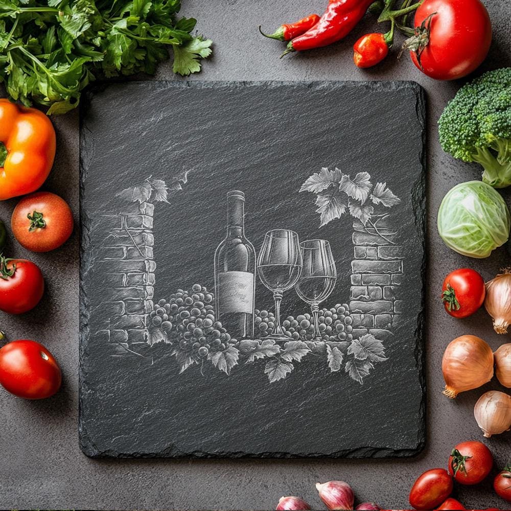 Planche à fromage en ardoise gravée au laser – Motif vin et raisin | Décoration de cuisine