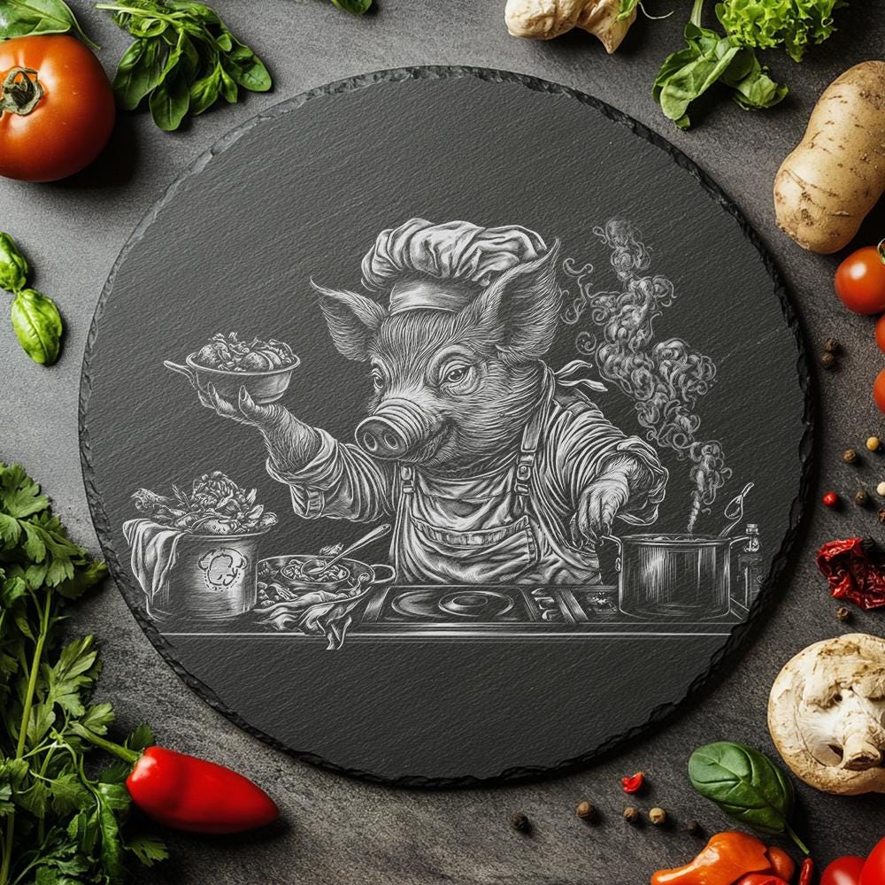 Tabla de cortar de pizarra para cerdo Chef | Grabado láser PNG | Decoración de cocina