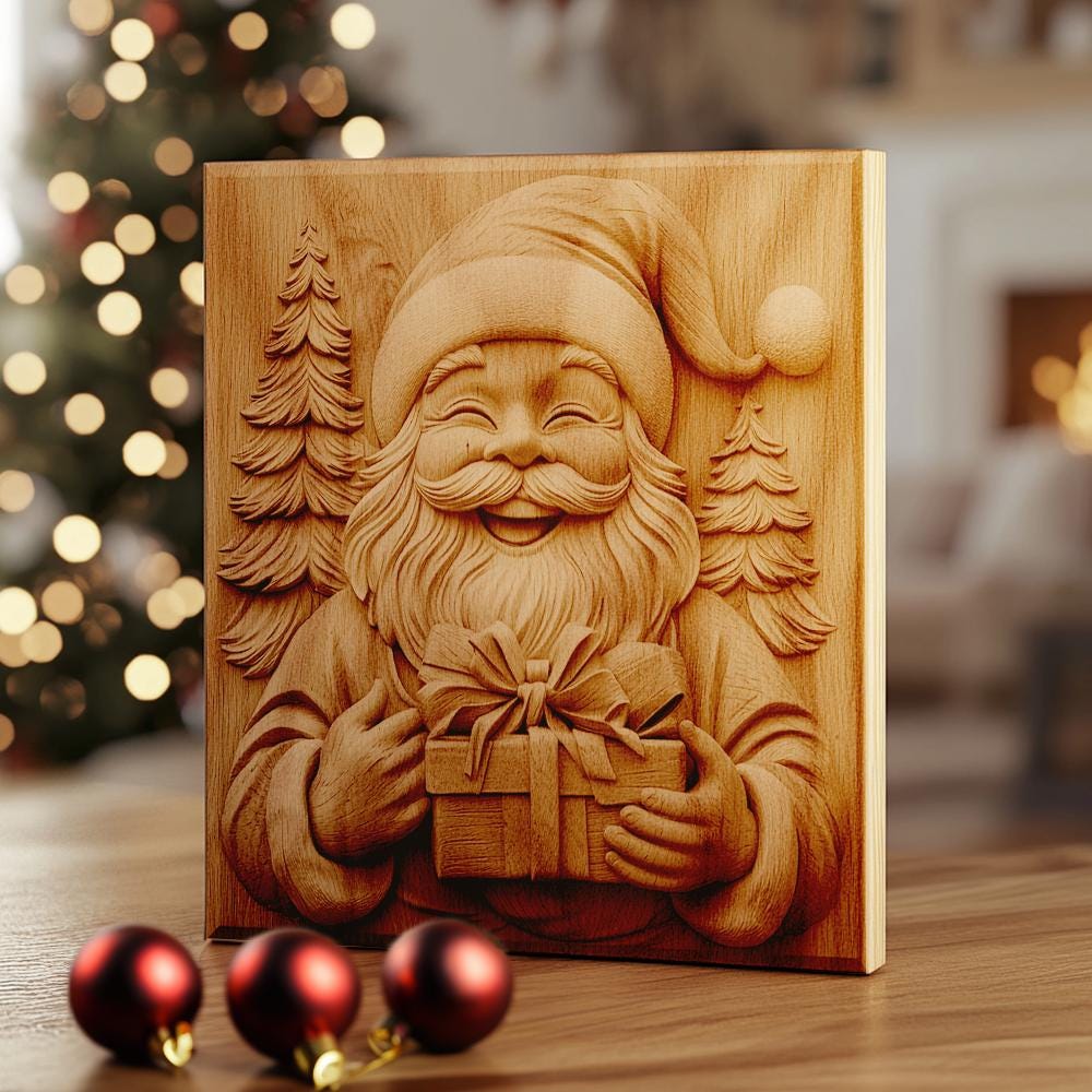 Archivo de grabado láser 3D de Santa Claus: sonriendo y sosteniendo un regalo | PNG