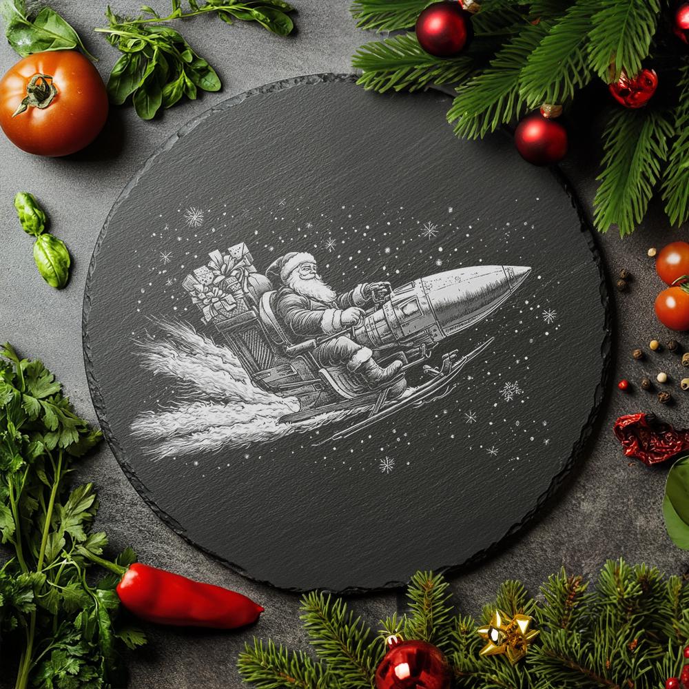 Santa on Rocket Sleigh Slate Cheese Board | Christmas Laser File