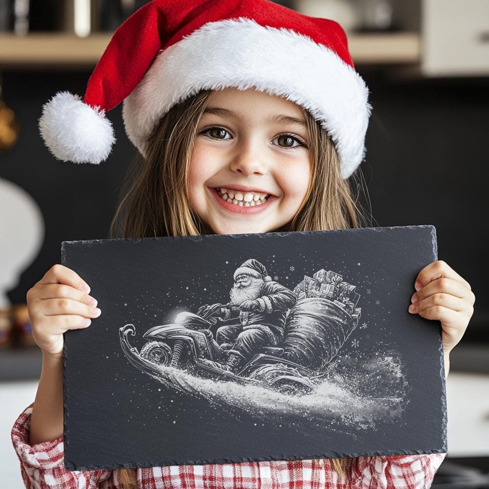 Santa on Snowmobile Slate Cheese Board | Christmas Laser Engraving File