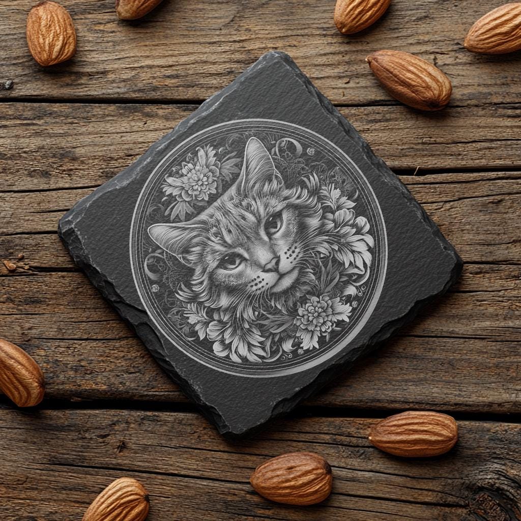 File Coaster in ardesia | Decorazione illusionistica 3D con gatto e fiore PNG