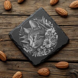 Slate Coaster File | Cat & Flower 3D