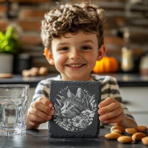 Slate Coaster File | Cat & Flower 3D