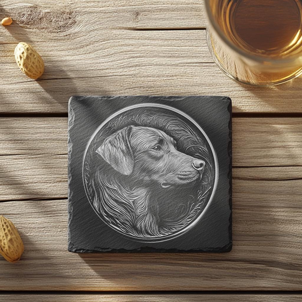 Slate Coaster File | Dog & Flower 3D Illusion PNG Decor