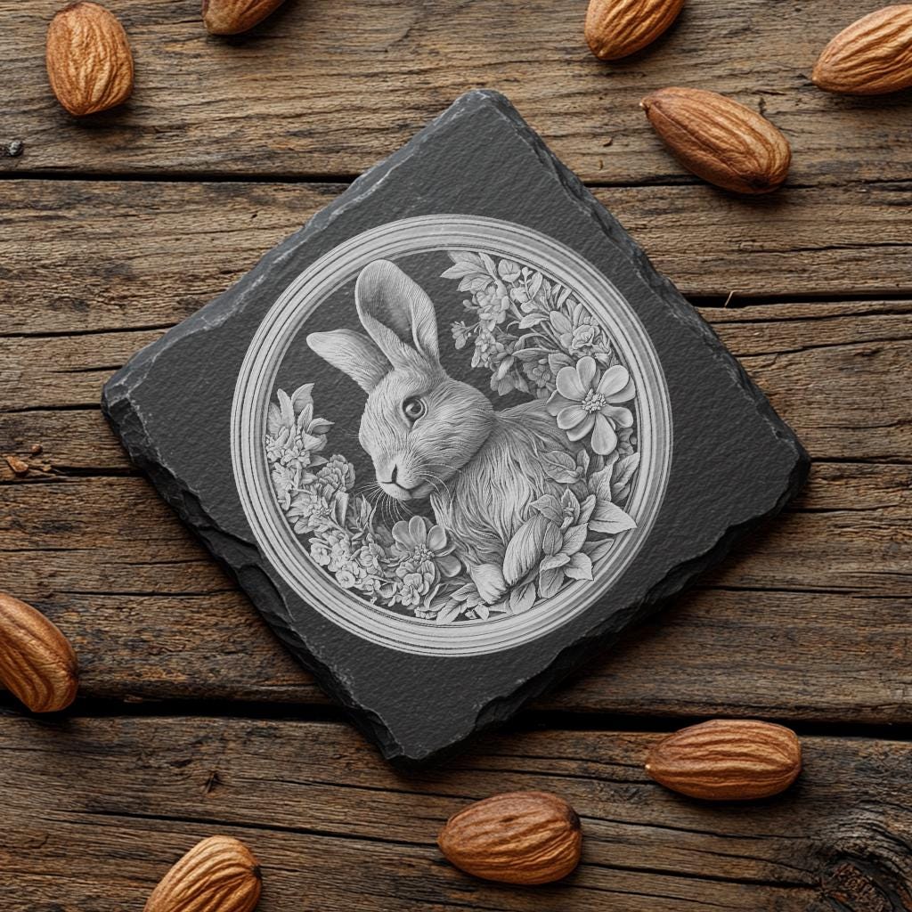 Slate Coaster Datei | Rabbit & Flower 3D Illusion PNG Dekor