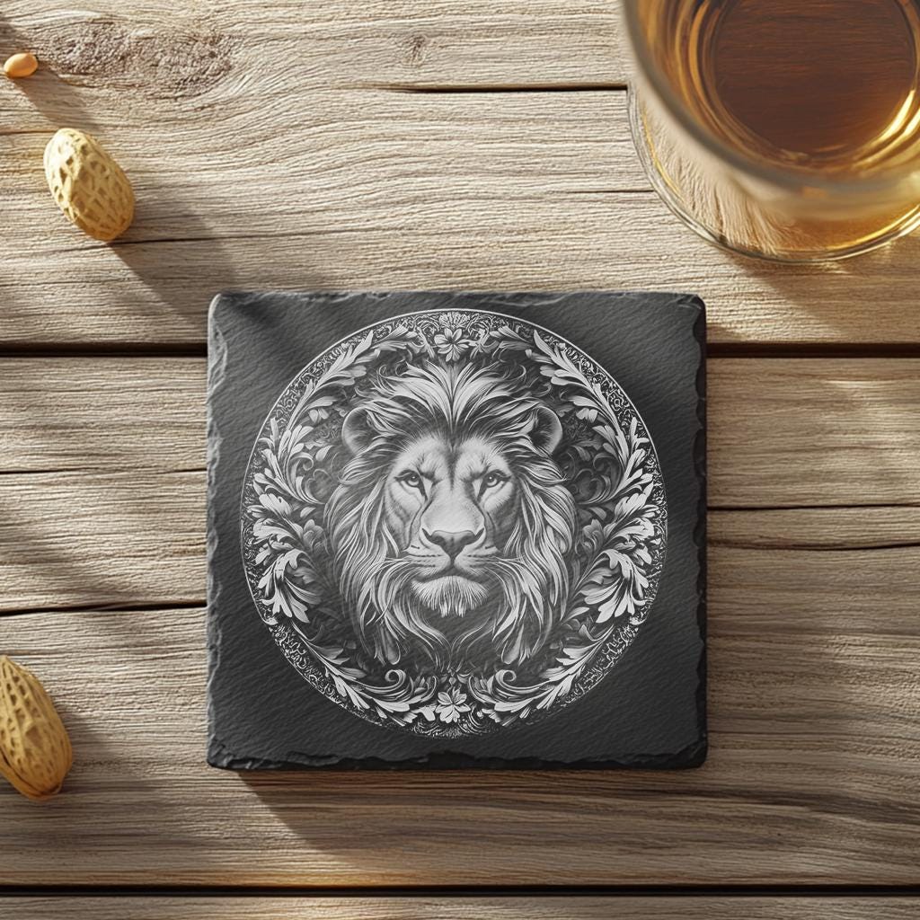 Dessous de verre en ardoise | décor illusion 3D lion sauvage en PNG