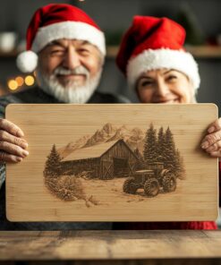 Winter Barn & Tractor Charcuterie Board Laser Engraving