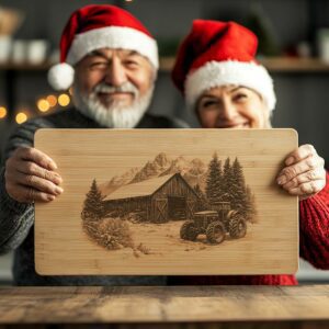 Winter Barn & Tractor Charcuterie Board Laser Engraving