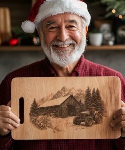 Winter Barn & Tractor Charcuterie Board Laser Engraving