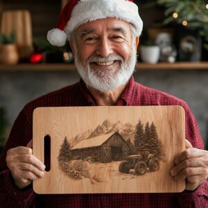 Winter Barn & Tractor Charcuterie Board Laser Engraving