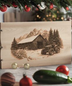 Winter Barn & Tractor Charcuterie Board Laser Engraving