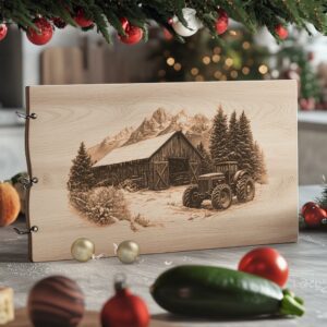 Winter Barn & Tractor Charcuterie Board Laser Engraving