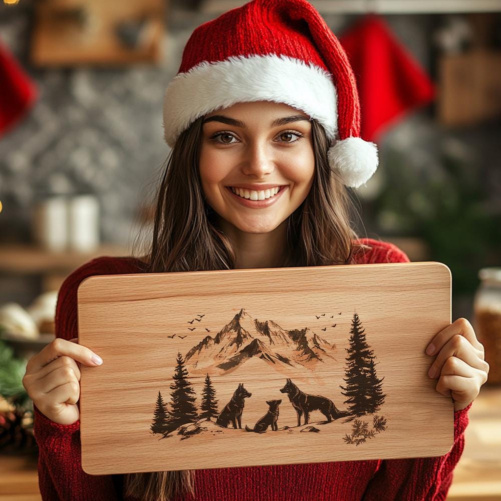 Tabla de embutidos Familia Lobo | Archivo de grabado láser de Navidad