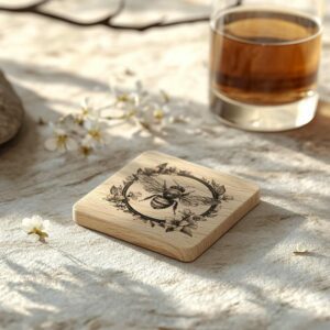 Bee and Flower 3D Illusion Wood Coaster Engraving