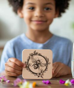 Bee and Flower 3D Illusion Wood Coaster Engraving