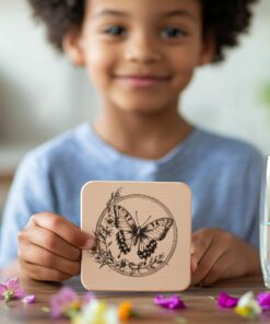 Butterfly and Flower 3D Illusion Wood Coaster Engraving