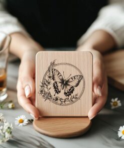 Butterfly and Flower 3D Illusion Wood Coaster Engraving