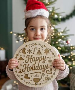 Gravure de Panneau Rond de Noël, Joyeuses Fêtes