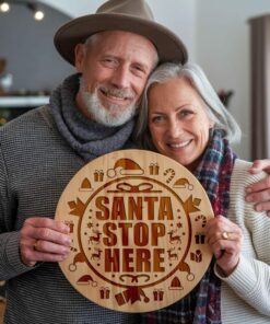 Christmas Round Sign Engraving, Santa Stop Here |