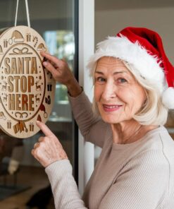 Christmas Round Sign Engraving, Santa Stop Here |