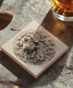 Gravure de sous-verre en bois chien et fleur 3D | Téléchargement PNG #004