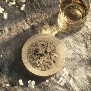 Dog and Flower 3D Illusion Wood Coaster Engraving