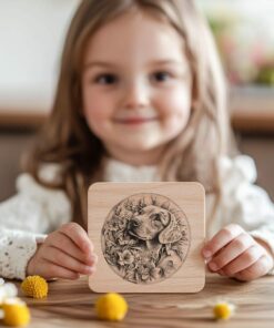 Gravure de sous-verre en bois chien et fleur