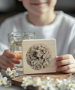 Gravure de sous-verre en bois chien et fleur