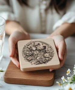 Dog and Flower 3D Illusion Wood Coaster Engraving