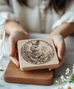 Rabbit and Flower 3D Illusion Wood Coaster Engraving