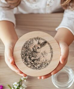 Rabbit and Flower 3D Illusion Wood Coaster Engraving