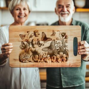 Fichier de planche de charcuterie gravée avec papillon et fleur | Décoration de cuisine