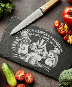 Engraved Slate Cheese Board File: Raccoon, Badger &