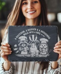 Engraved Slate Cheese Board with Woodland Creatures: Raccoon,