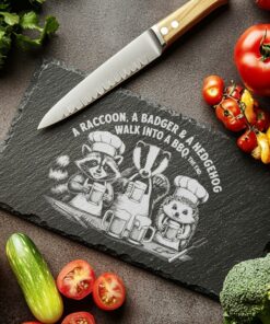 Engraved Slate Cheese Board with Woodland Creatures: Raccoon,